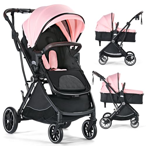 Image of TODEFULL Baby Stroller, 3 in 1 Folding High Landscape Infant Stroller & Convertible Bassinet Pram for Newborn, Portable Baby Carriage Pushchair with Adjustable Canopy, Cup Holder, Storage Basket, Pink
