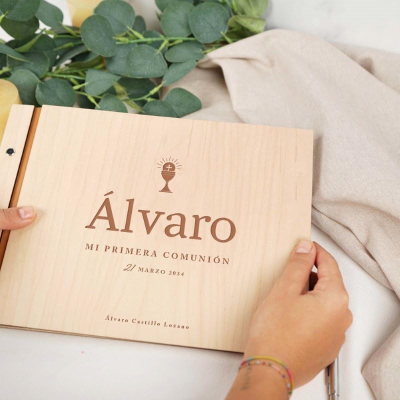 Libro de Invitados Comunión Personalizado | Libro de visitas Comunion de Madera Personalizado | Álbum de Firmas para Primera Comunión | Álbum de Fotos Scrapbook de Madera Cross