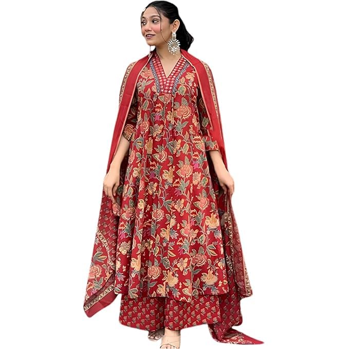 Women Printed Anarkali Kurta Palazzo Set | Cotton Blend Floral Ethnic Wear, V Neck, 3/4 Sleeve | Flared Calf Length Kurta Set for Office, Party & Casual Wear