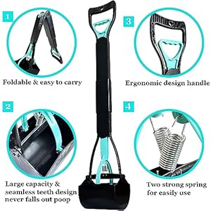 32″ Tall Pooper Scooper, Large Pooper Scooper for Dogs Heavy Duty, Dog Pooper Scooper with Long Handle & High Strength Durable Spring, Foldable Dog Poop Pick Up (Bottom Seamless)