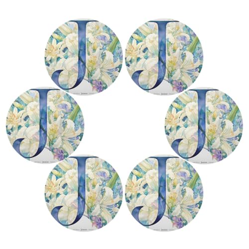 Floralmorphic - Juego de 6 manteles individuales circulares de arpillera estilo acuarela con letra J blancas, lavables, impermeables, reutilizables, para mesa de comedor, plato ovalado de 15.4