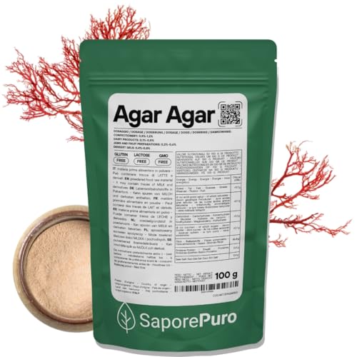 Saporepuro AGAR AGAR in polvere 100 GR - Gelificante naturale SENZA GLUTINE - ideale per cucina molecolare, addensante per dolci, marmellate, budini e gelati
