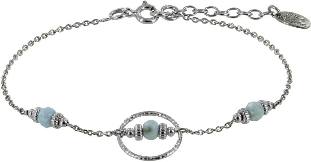 LES POULETTES BIJOUX - Rhodium 925 Silver Bracelet Chiseled Ring Three Small Faceted Larimar Beads and Zebra Rings