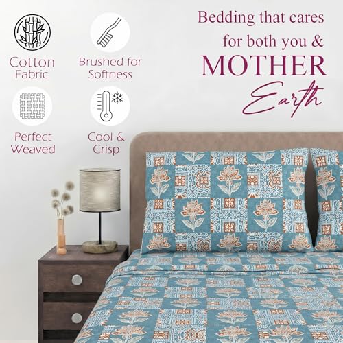 Image of Trance Home Linen 100% Cotton 144TC Elastic Fitted Bedsheet | Printed Queen Bed Size Elasticated Fitted Bedspread with 2 Pillow Covers (Queen 78x60 inch, Ajrak Blue)