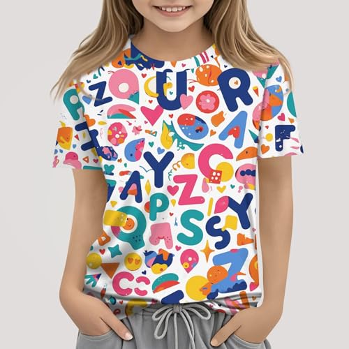 Girls' T-Shirt Cute Print Short Sleeve Soft Summer Casual Fashion Top, Ages 1-122