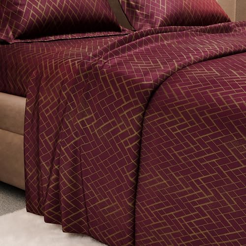 Image of Stoa Paris 300TC UltraSatin Printed King Bedsheet with 2 Pillow Covers, Gentle on Skin & Hair, Wrinkle & Fade Resistant, Aesthetic Home Decor, Gift for Couple, Starlit Night - Wine (228cm x 274cm)