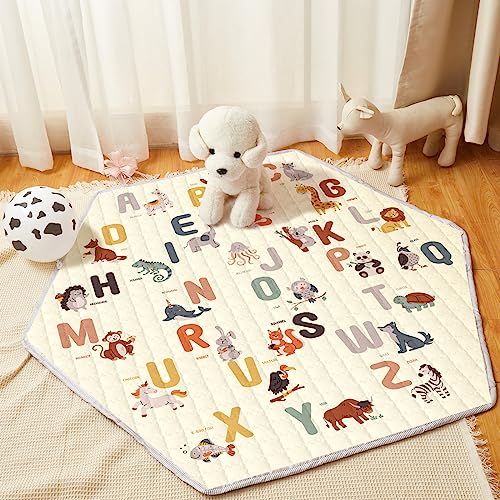 Image of Funtery Woodland Animals Hexagon Playpen Mat Baby Play Mat Foldable Soft Nursery Rug Portable Baby Playmat Washable Comfortable Hexagon Playpen Mattress for Floor Activity Room Indoor Outdoor (Letter)