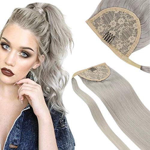 VeSunny Ponytail Extension Human Hair Grey Blonde Wrap Around Ponytail Hair Extensions Thick End Pony Tail Hair Piece Grey Human Hair Straight For White Women 14inch 80G/Set
