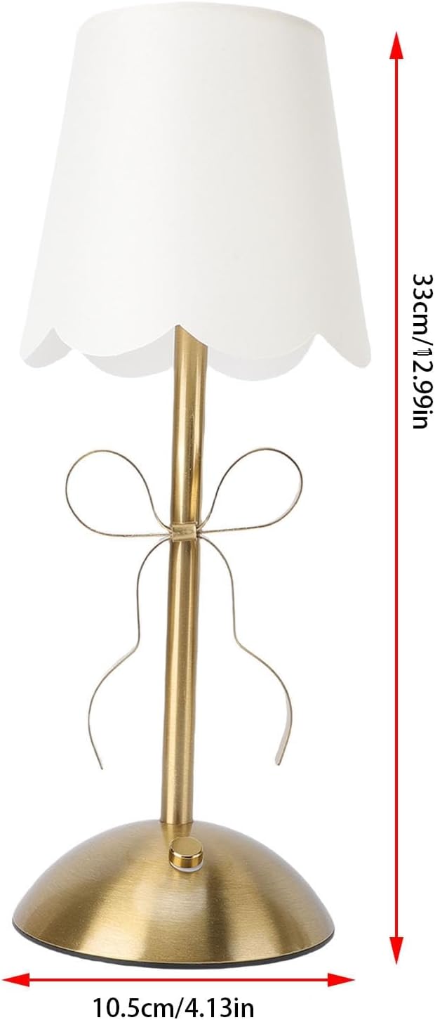 Gold Bow Table Lamp, Cordless LED Table Lamp with Fabric Shade, Touch Switch, Stepless Dimmable, Metal Rechargeable Bedside Light for Room Decor, Bedroom, Restaurant