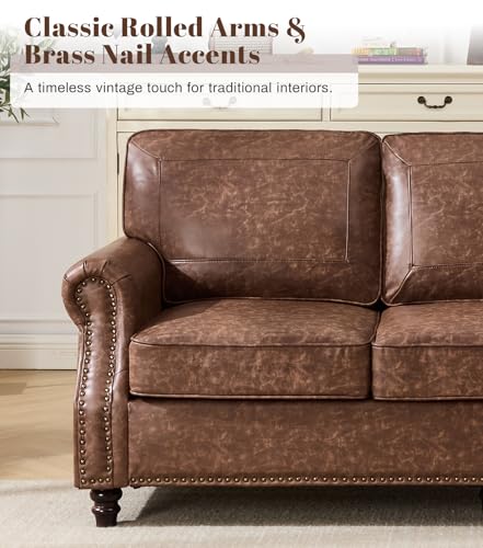 Image of Kingfun 3 Seater Sofa, Mid-Century Modern Faux Leather Couch Set for Living Room, Darkbrown with Rolled Arms & Nailhead Trim, Easy Assembly
