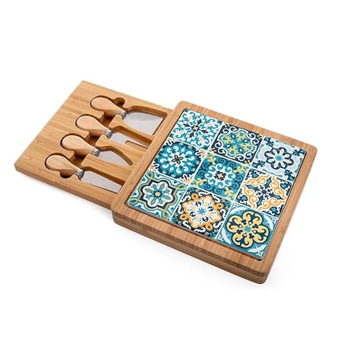 Set di Formaggio con Tagliere in Legno, Coltelli da Formaggio, Motivo Maiolica Blu e Giallo, Vassoio per Servire