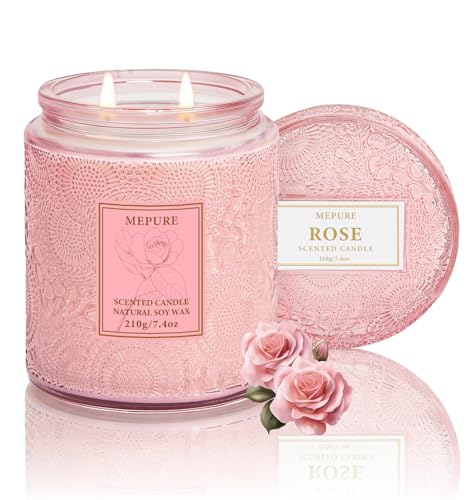 Rose Soy Wax Scented Candle 210g Hand-Poured Double Cotton Wicks Soft Herbal Floral Scent Medium Strength Clean-Burning Textured Glass Jar for Relaxation & Gifting
