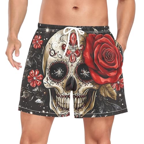 Mens Swim Trunks with Liner, Skull Red Rose Gothic Cool Quick Dry Beach Swim Shorts, Swimwear Bathing Suits S