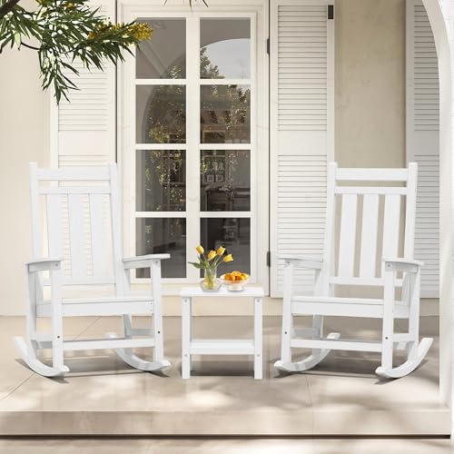 KINGYES Outdoor HDPE Rocking Chair Set, 2-Piece Patio Rocker with Double Side Table, White