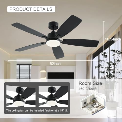 NKPU 52 Inch Ceiling Fans with Lights, Black Ceiling Fan and Remote/App Control, 2 Downrods, DC Reversible, Noiseless, Dimmable, 5 Dual-Sided Blades Modern Ceiling Fan for Indoor/Outdoor Use by NKPU - Used condition - Image 5