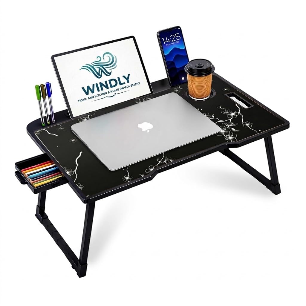 WINDLY Smart Multipurpose Foldable Laptop Table with Cup Holder, Study Table, Bed Table, Breakfast Table, Foldable and Portable/Ergonomic & Rounded Edges/Non-Slip Legs-image-44