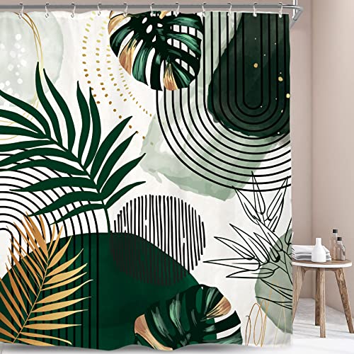 Miyotaa Abstract Tropical Leaves Shower Curtain Set 60Wx71H Inches Summer Monstera Palm Botanical Plant Green Modern Polyester Waterproof Cloth Bathroom Curtain With 12 Hooks #TOP3
