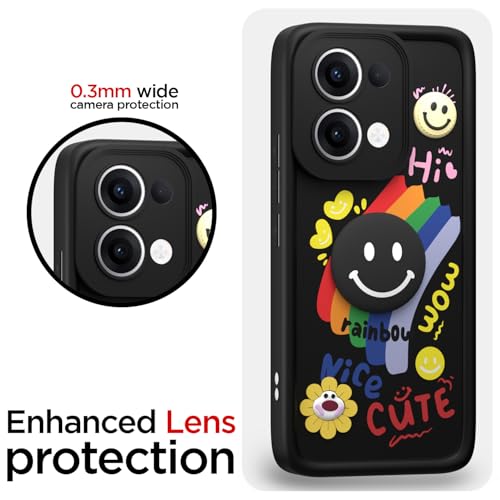 Image of Pikkme Back Cover for Oppo Reno 13 5G | Soft Silicone| Cute Rainbow Smile & 3D Cartoon Flower Design | Shockproof Raised Camera Protection Bumper Case (Black)