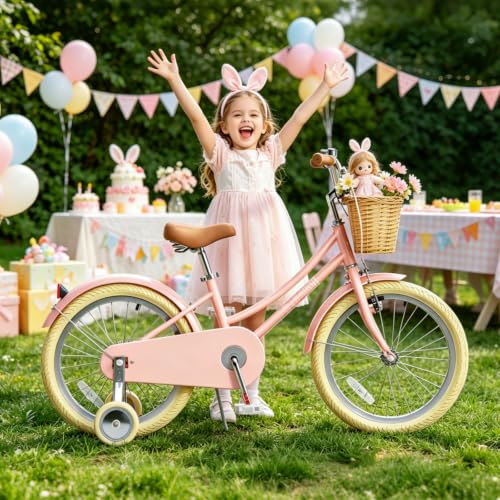 Image of Glaf 12 14 16 18 20 24 Inch Girls Bike with Training Wheels /Kickstand Kids Bike for 2-15 Years Old Toddler Girls Bicycle with Basket, Beach Cruiser Girls Bike