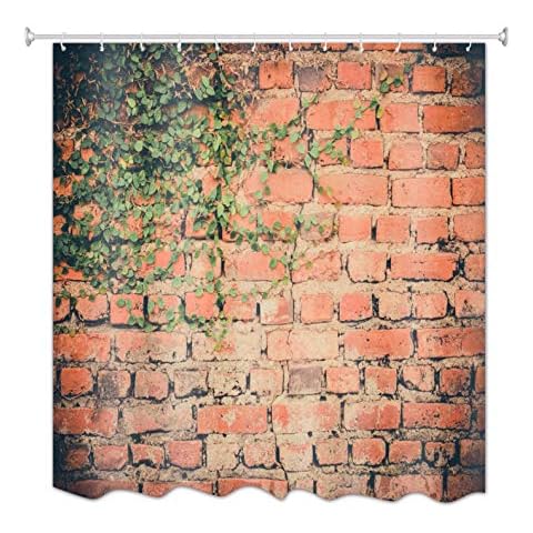 A.Monamour Duschvorhänge Rote Ziegelwand Grüne Blätter Pflanzen Land Garten Landschaft Fotografie Druck 100% Polyester Stoff Wasserdicht Mehltauresistent Duschvorhang Set Cover