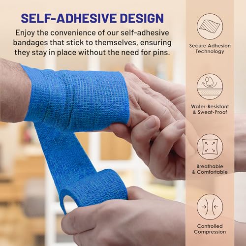 6 Pack, Self Adherent Cohesive Tape - 2” x 5 Yards, Self Adhesive Bandage Rolls & Sports Athletic Wrap for Ankle, Wrist, Knee Sprains and Swelling, Vet Wraps in Blue Color - Thumbnail 4