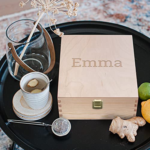 Boîte à thé avec gravure personnalisée en bois noble à 9 compartiments de rangement