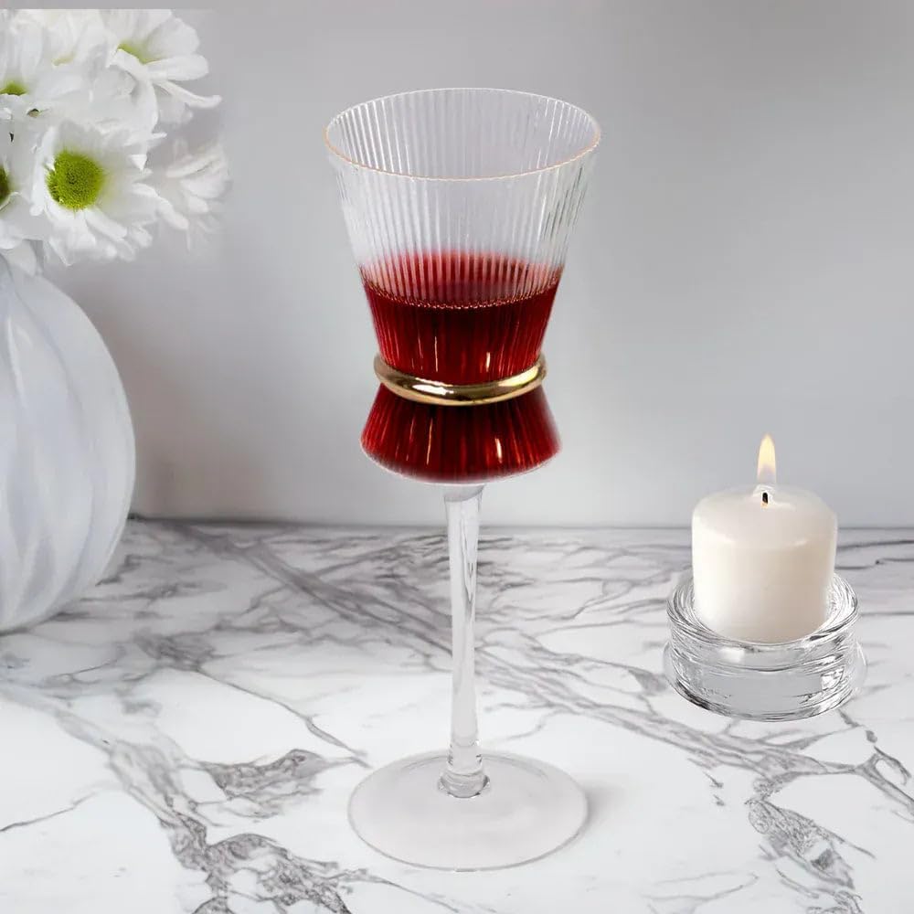 Balsa Circle 6 Clear Wine Glasses 9oz Ribbed Design with Gold Ring Accent – Drinkware, Wine Glasses for Weddings Parties Events Receptions Home Bar Cocktails Dining Tableware Decorations