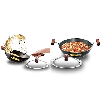 Hawkins Futura Nonstick Stir-Fry Wok (with Stainless Steel Lid) 3 L, 28 Cm, 3.25 Mm & Hawkins - L19 Futura Hard Anodised Round Bottom Deep-Fry Pan with Steel Lid, 22Cm/1.5 litres