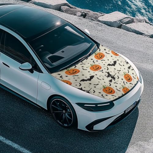 Image of Pumpkin Witch Halloween Print Car Hood Cover Easy to Install Fabric Hood Cover Halloween Vehicles Decorate Engine Removable Automotive Accessories Personalized Suitable for Cars(59x39 Inch)