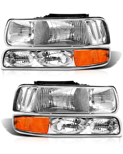 ADCARLIGHTS for Chevy 00 01 02 03 04 05 06 Tahoe/Suburban Headlight Assembly fit 1999-2002 Silverado 1500 2500/1500HD 2500HD 3500 Headlamp Chrome Housing Amber Reflector L+R Pair