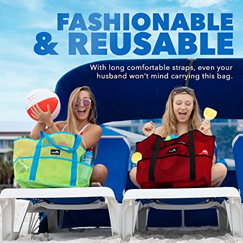 Dejaroo - Mesh Beach Bag, Lightweight Mesh Tote Bag With 8 Pockets For Vacation Essentials, Foldable Beach Bag For Travel, Beach Travel Essentials, 16.5 X 8.5 X 15 Inches, Red With Black Straps #TOP3