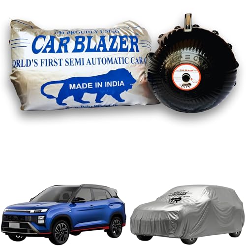 Image of CARBLAZER Portable & Semi-Automatic Full Body Car Cover - Heavy Duty Device | Water Resistant | UV Safe | Dustproof | Anti-Theft & Scratch Proof Cover Compatible for Hyundai Creta Silver