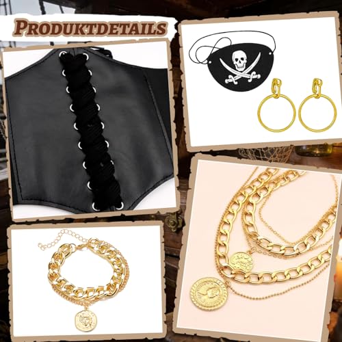 ITJMRJP Accesorios de Disfraz Pirata para Mujer 8 Piezas Accesorios Pirata Mujer Complementos Piratas Con Pañuelo Piratas Parche Aretes Corsé Cinturó para Halloween Carnaval Cosplay(Negro) - imagen 3