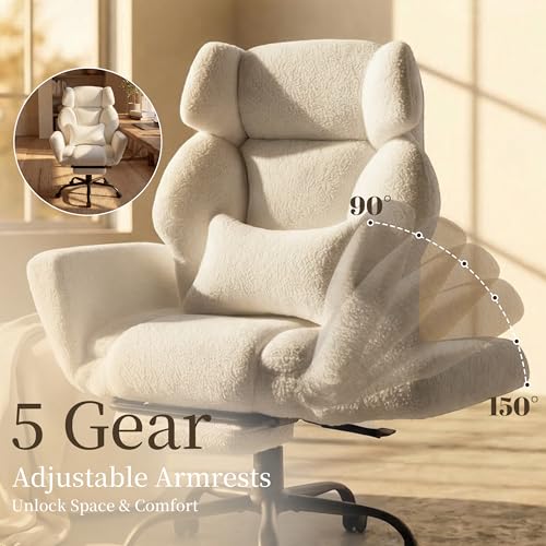 Image of Office Chair with Flip Armrests,Big and Tall Office Chair with Foot Rest,Extra Wide Seat & Lumbar Pillow,Ergonomic Computer Gaming Chair,Comfy Criss Cross Chair for Pets Sitting,Teddy Fleece,White