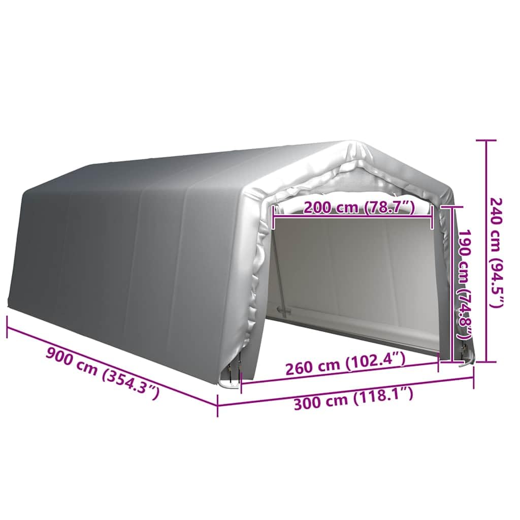 Namiot magazynowy 300 x 900 cm, z ocynkowanej stali, szary, odporna na warunki atmosferyczne szopa ogrodowa i szopa na narzędzia, na taras, schronienie i pomieszczenie narzędziowe, odporny na
