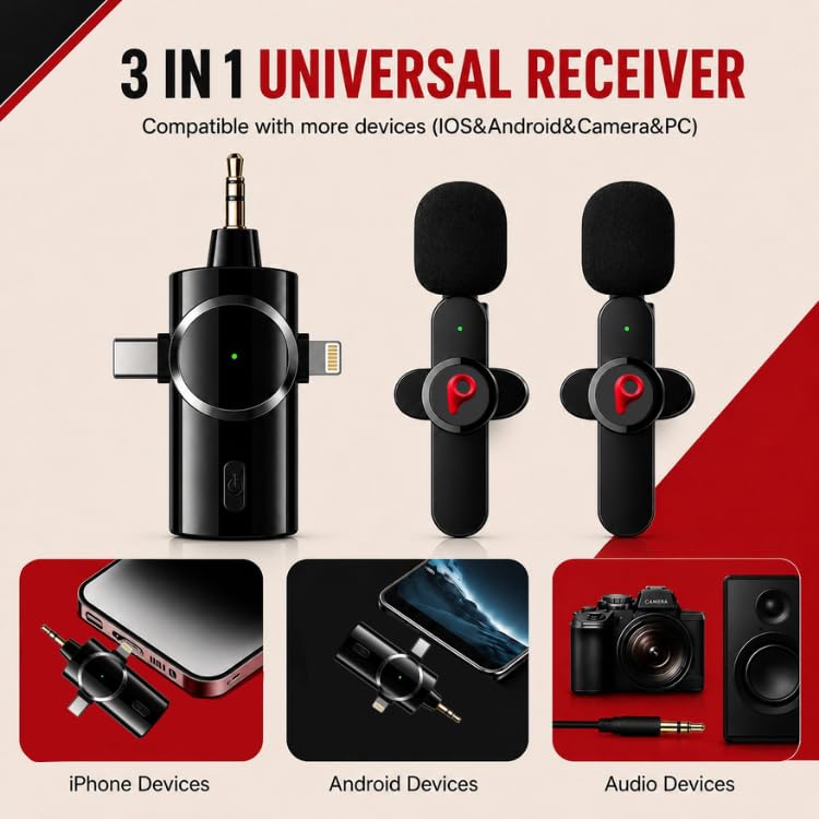 Image of Primate K33 3-in-1 Wireless Lavalier Microphone for Youtubers, Vloggers & Creators | Compatible with iPhone, Android, DSLR, iPad & Type-C Devices | Noise Reduction Mic, 50M Transmission Range