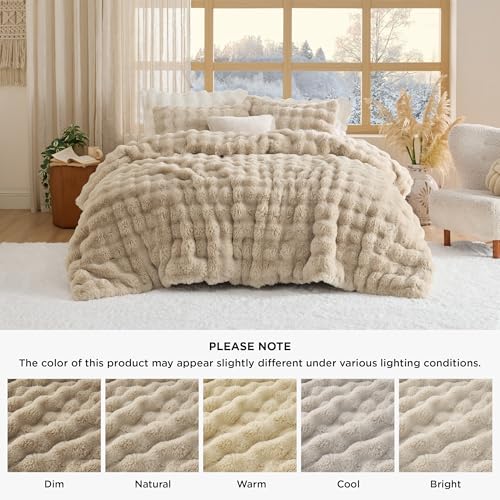 Image of Bedsure Fluffy Comforter Set King - Light Beige Faux Fur King Comforter Set, Soft Shaggy Plush Bubble Bedding Comforter Sets, Winter Warm Luxury Fuzzy Bed Set 3 Pieces, 1 Comforter and 2 Pillowcases