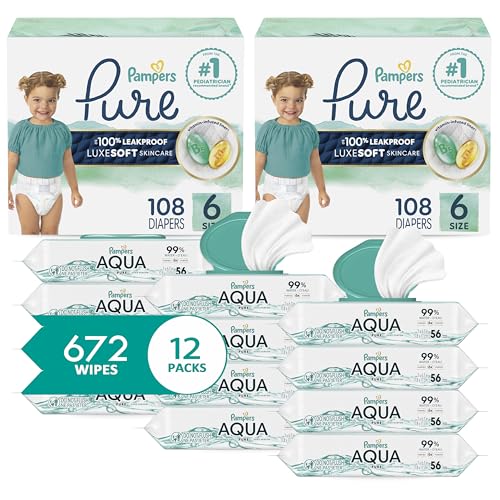 Image of Pampers Pure Protection Disposable Baby Diapers Size 6, 2 Month Supply (2 x 108 Count) with Aqua Pure Sensitive Baby Wipes, 12X Pop-Top Packs (672 Count)