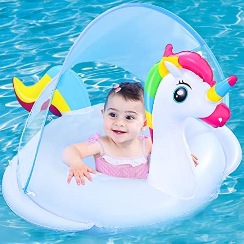 AMENON Unicorn Baby Swimming Pool Float with UPF50+ Removable Canopy Safety Seat Widen Double Airbag, No Flip Over Inflatable Toddler Babies Swim Ring Floatie for Age 6-36 Months Toddler Infant