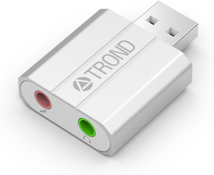 TROND Aluminum External USB Audio Adapter Sound Card with 3.5mm Stereo Headphone and Mono Microphone Jacks, C-Media CM100B Chipset -Silver