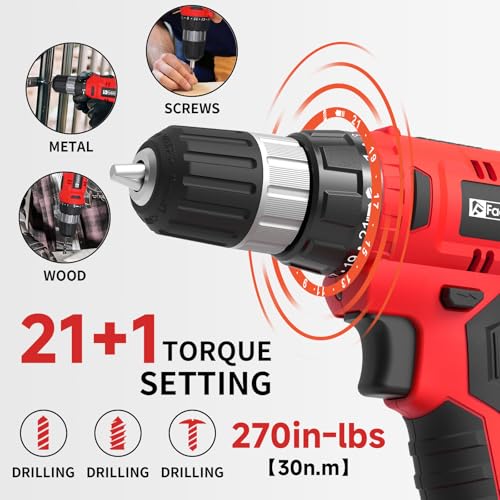 Image of FADAKWALT Cordless Drill Set, 20V Electric Power Drill With Battery And Charger, 30N Torque, 21+1 Settings, 3 /8-Inch Keyless Chuck, Driver Bits Kit, LED Light (Red)