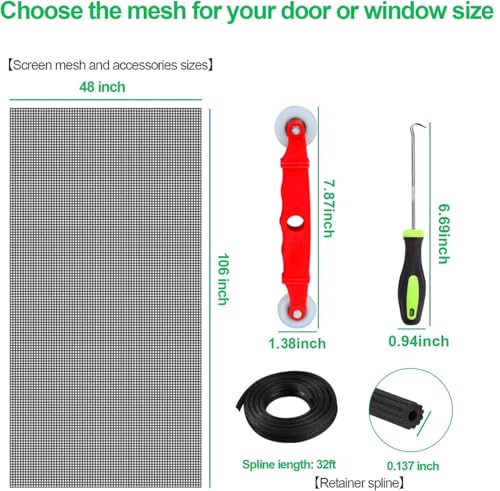 QWR Pet Proof Window Screens and Screen Door Replacement Kit, 59"x106" Durable High Hardness Vinyl Coated Polyester-Like Screen Repair Kit for Sliding Screen Door,Patio and Windows.(Folded Package)