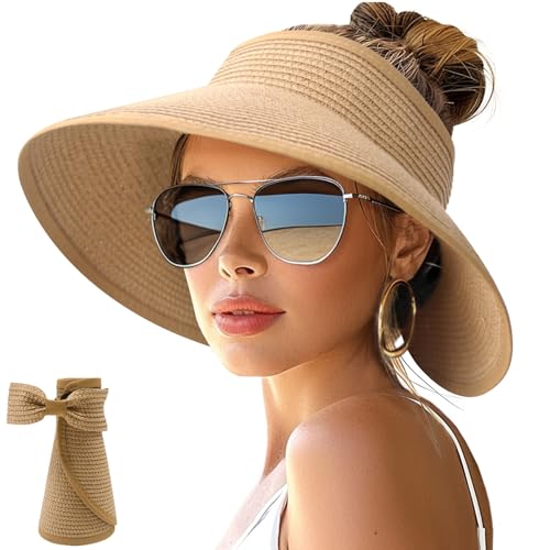 Image of NPJY Sun Hats for Women Wide Brim Roll-Up Beach Ponytail Hat Packable Foldable Travel Straw Visor