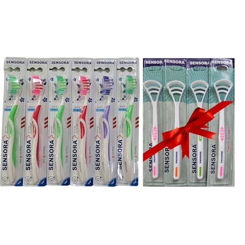 Image of Sensora 6 Pcs Combo of Soft Bristles Toothbrush (Buy 6 Get 4 Free) | Manual Toothbrush For Adults, Prevents Gum Problems, | 4 Tongue Cleaner FREE | Multicolor