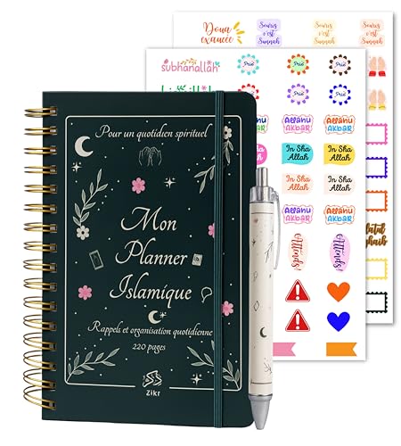Planner Islamique A5 – Journal Quotidien pour Femme Musulmane | 220 Pages avec Prières, Douas, Coran, 40 Rabbana & Stickers – Idée Cadeau Spirituel Zikr