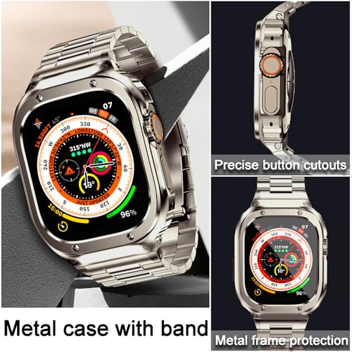 Image of MioHHR Stainless Steel Band and Case Compatible with Apple Watch Band 49mm | Men Metal Protective Bumper Cover with Straps for iWatch 49mm Series Ultra 3, Ultra 2, Ultra, Titanium Color