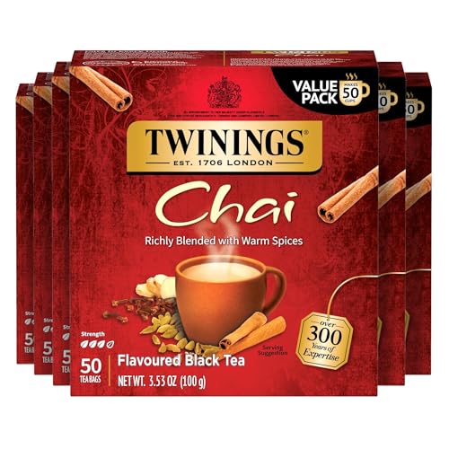 Twinings Chai Black Tea Individually Wrapped Bags, 50 Count (Pack of 6), Sweet, Savoury Spices, Caffeinated, Enjoy Hot or Iced, 300 Teabags