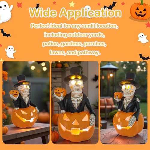 Image of Solar Outdoor Decorations Wizard Skeleton with Pumpkin Figurine Lights, Fall Pumpkin Garden Decor for Yard Patio Porch, LED Skull Gothic Party Accessories, Home Gift for Mardi Gras Shrove Tuesday