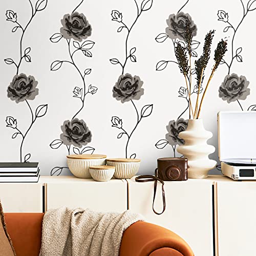 Heroad Brand Vintage Floral Wallpaper Peel And Stick Black And White Wallpaper Rose Boho Thicken Self Adhesive Contact Paper Waterproof Removable Wallpaper For Cabinets Distressed Vinyl 15.5"X78.7" #TOP19