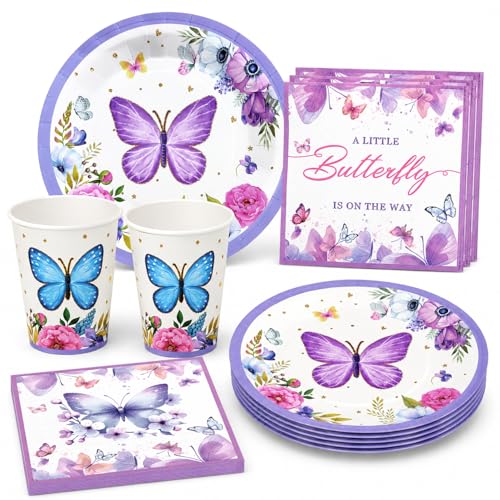 Image of Rozi Decoration Butterfly Theme Party Tableware Set | 40 Pcs Disposable Party Supplies Combo with 10 Plates, 10 Cups, 20 Napkins | Floral Purple Butterfly Decoration Kit for Birthday Celebration